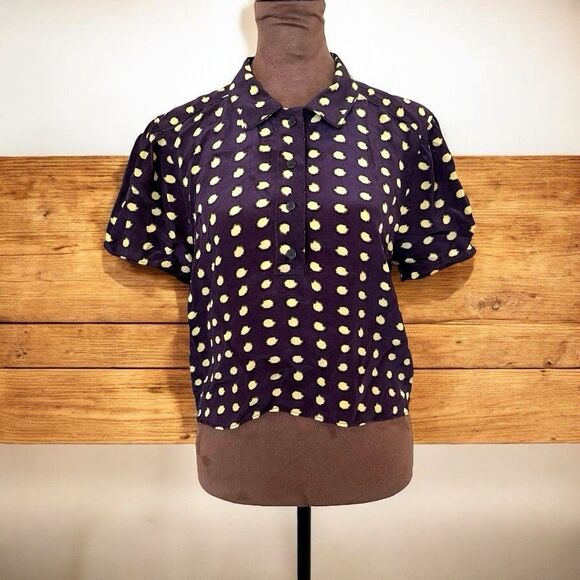 J. CREW Sheer Plum Brown Popover Dots Crepe De Chine Top sz 6 Half Sleeve Henley - Picture 1 of 12